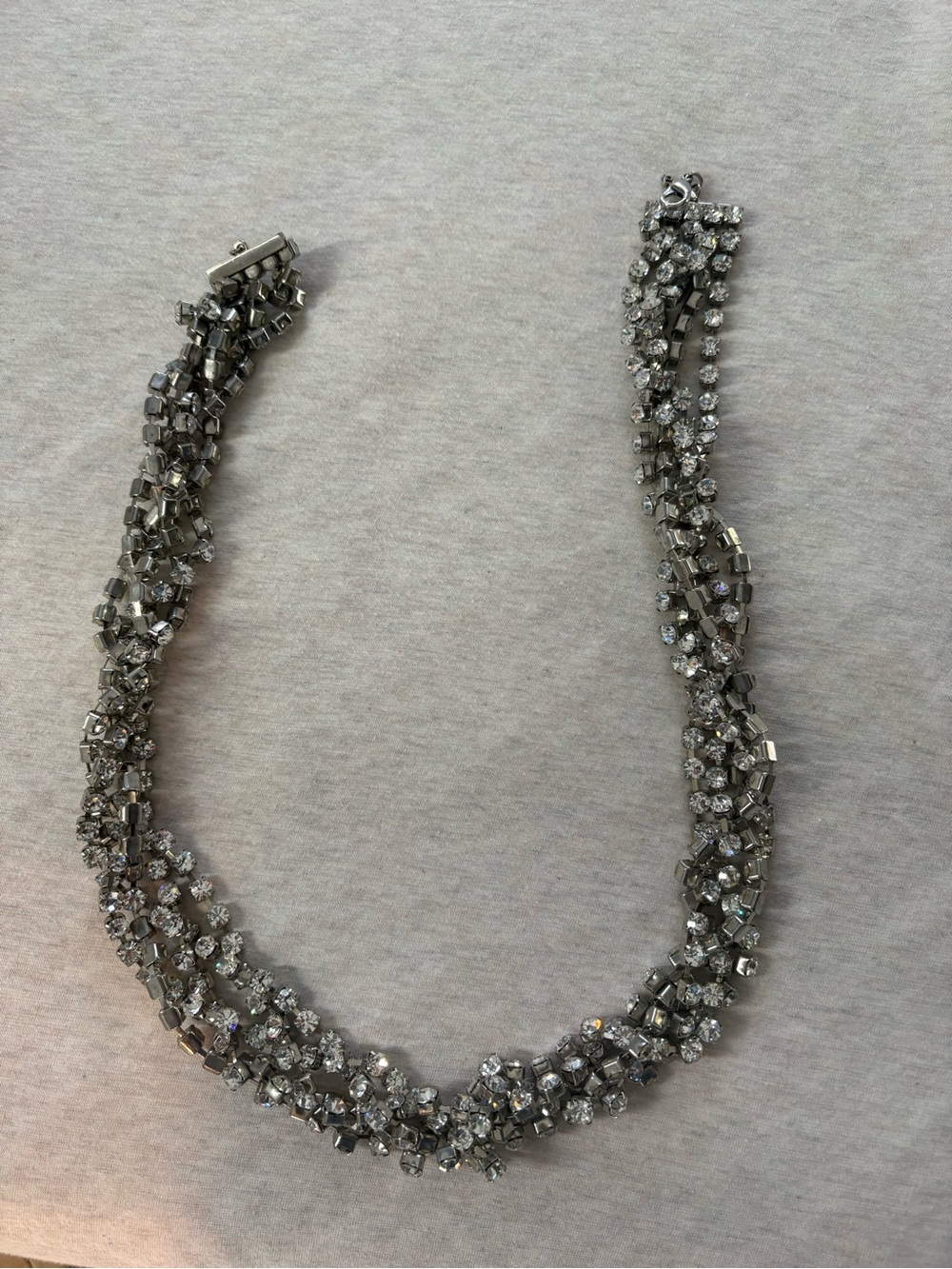 long Crystal Multi-Strand braided Statement Necklace - Silver Tone